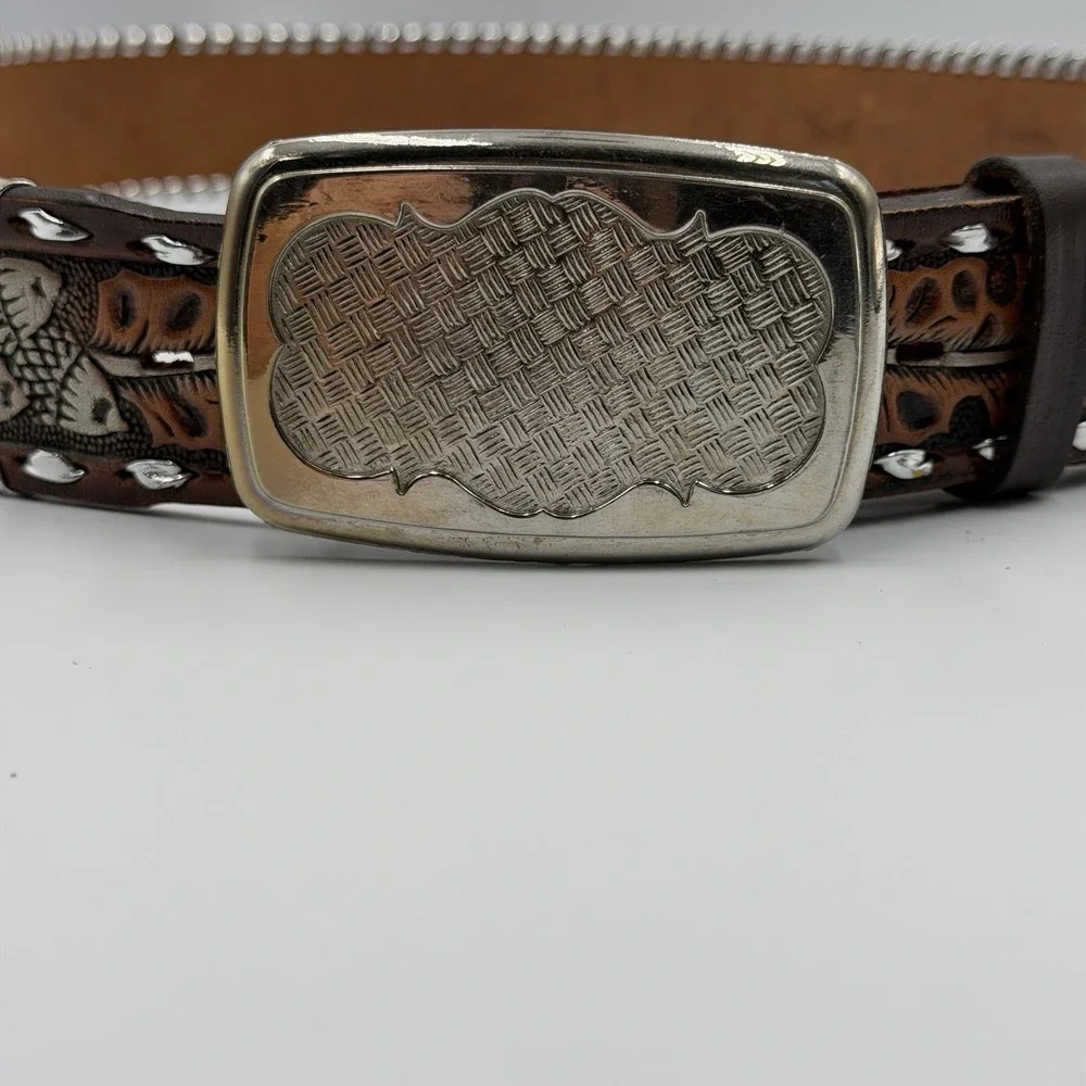 Hand Painted Western Cowboy Brown Leather Belt‎ Silver Buckle/Detail Size 38